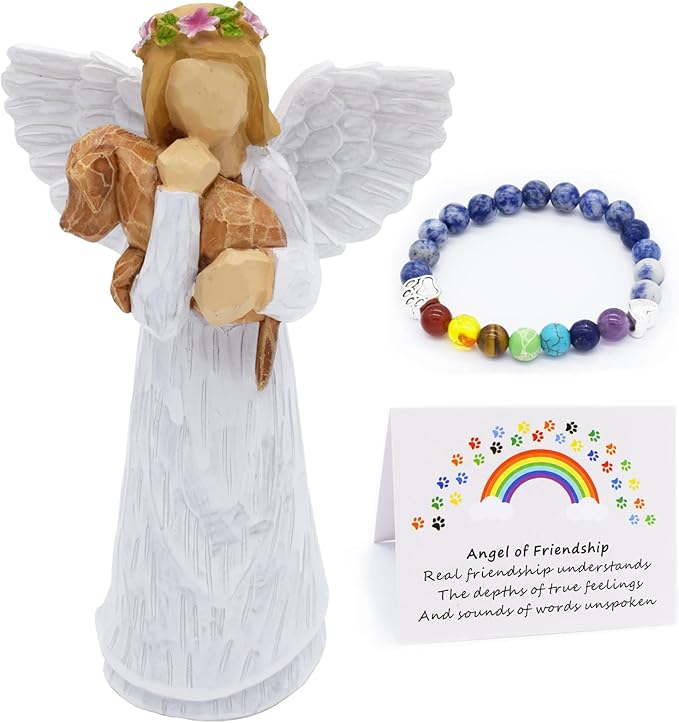 Pamětní souprava pro psy: soška anděla přátelství a náramek Chakra Rainbow Bridge