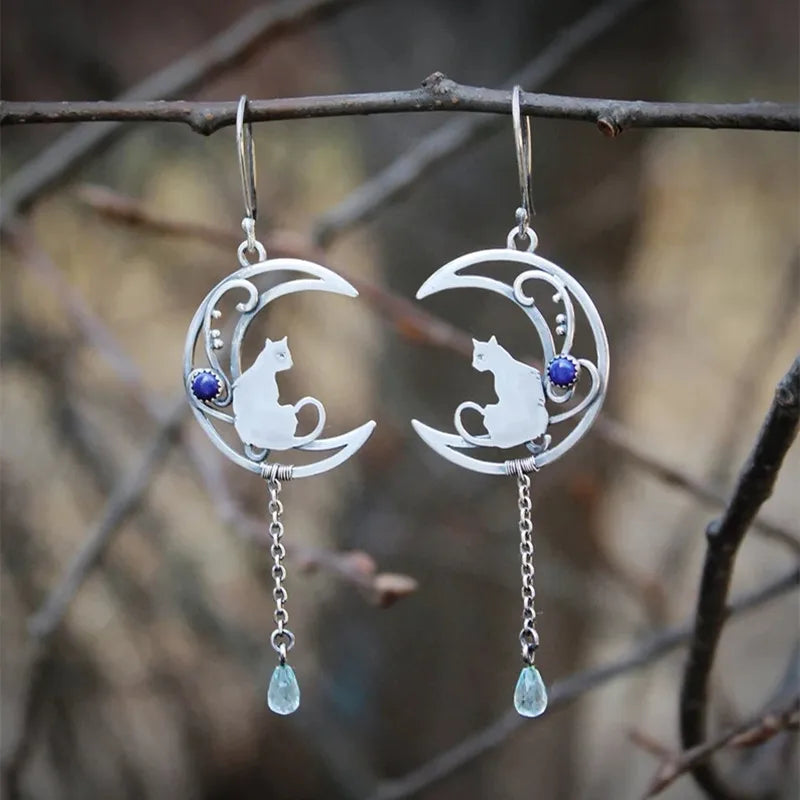 Náušnice Kočka Měsíce – Vintage Kousek s Drahokamem z Lapis Lazuli