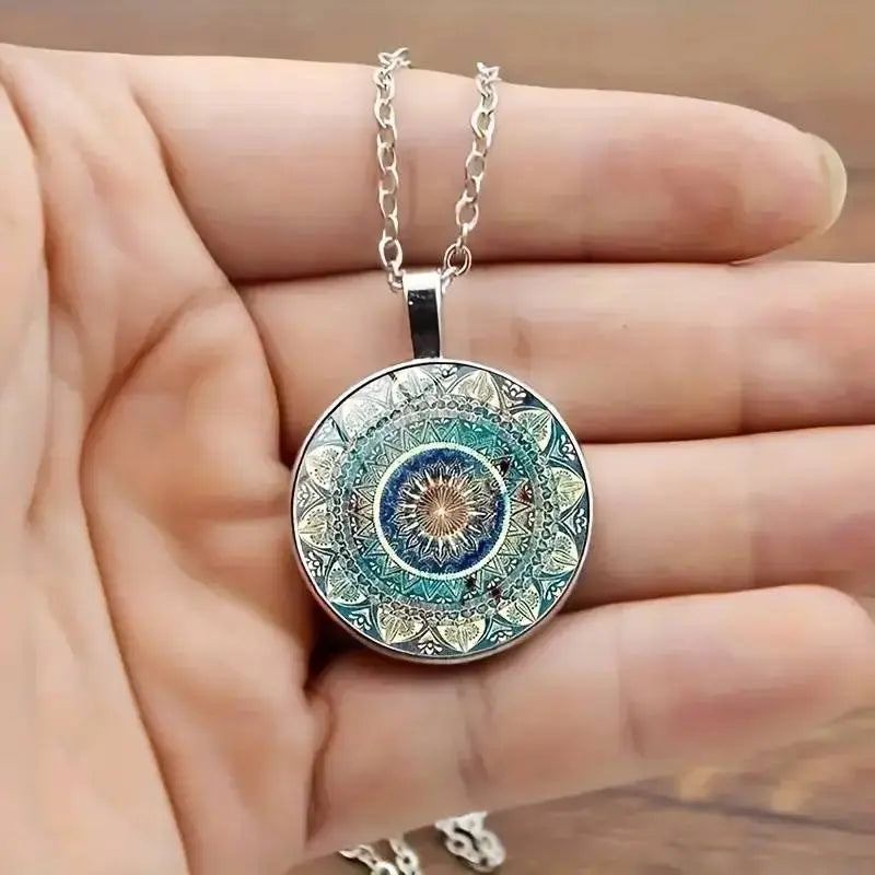 Vintage Kulatý Náhrdelník s Modrým Mandala Vzorem